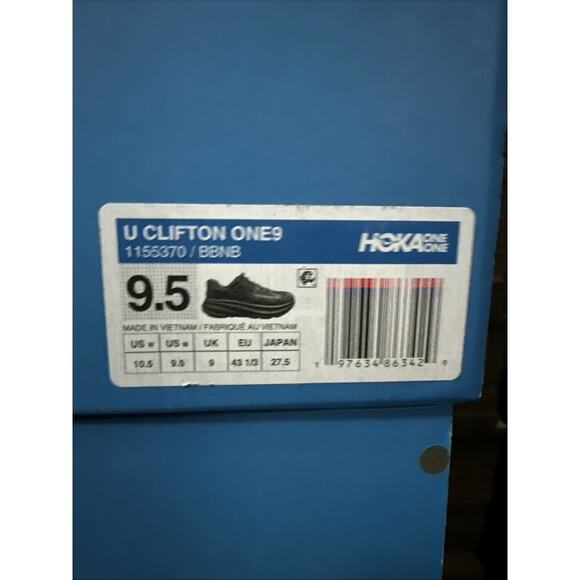 New Men\'s Size 9.5 Hoka Clifton One 9 Black 1155370-BBNB Running Shoes